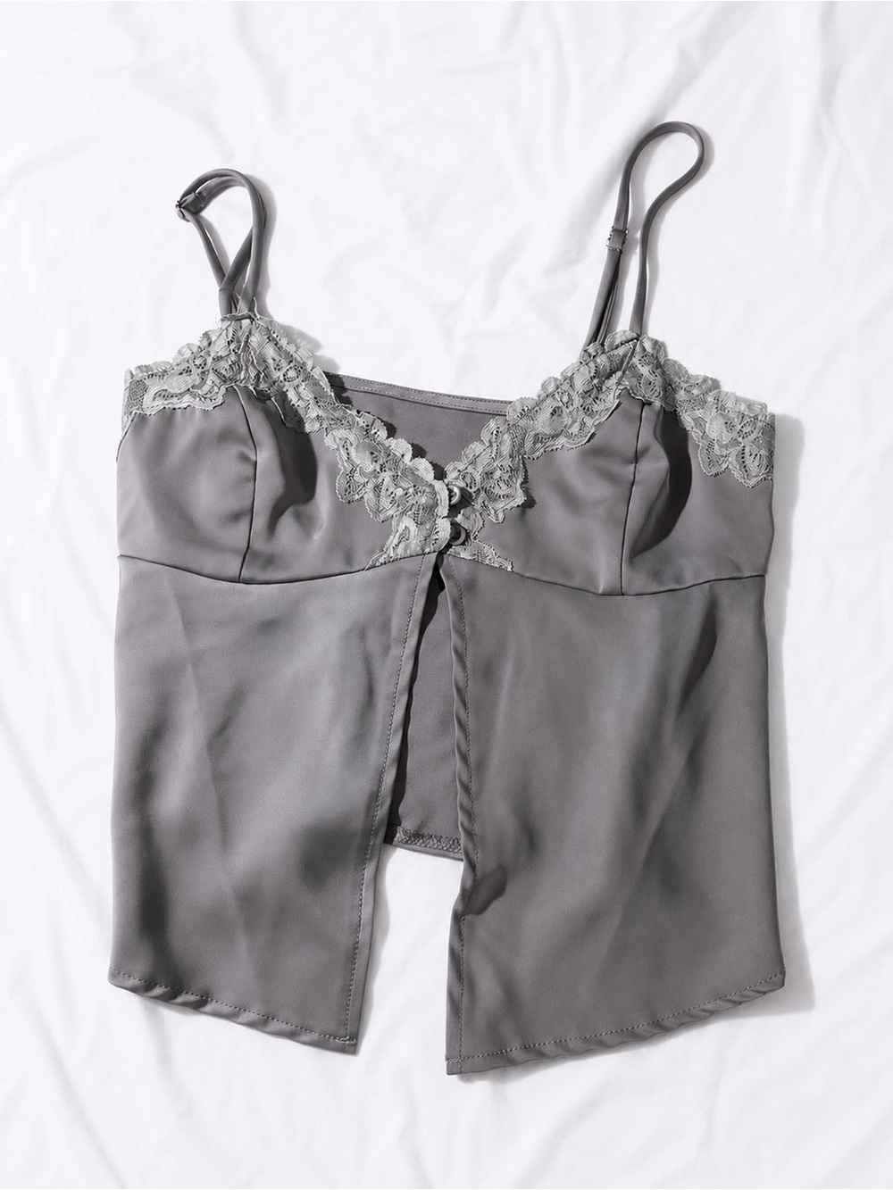SHEIN Gray Lace-Trim Satin Tank Top